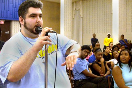 Wayne Hayden, a senior music major from New Orleans, questions SU officials about campus security at the SGA Forum "Enough is Enough." Approximately 100 students attended the forum with key administative leaders at SU. Photo by Branid Jade Thomas/DIGEST