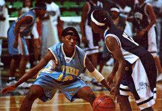 Angela Bullock, clamps down on a Jackson State guard.