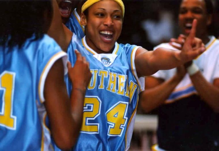 Freshman Crystal Jackson runs on the court in celebration of the Jaguars entering the NCAA Tournament for the first time in school history. Photo by Brandi Jade Thomas/DIGEST