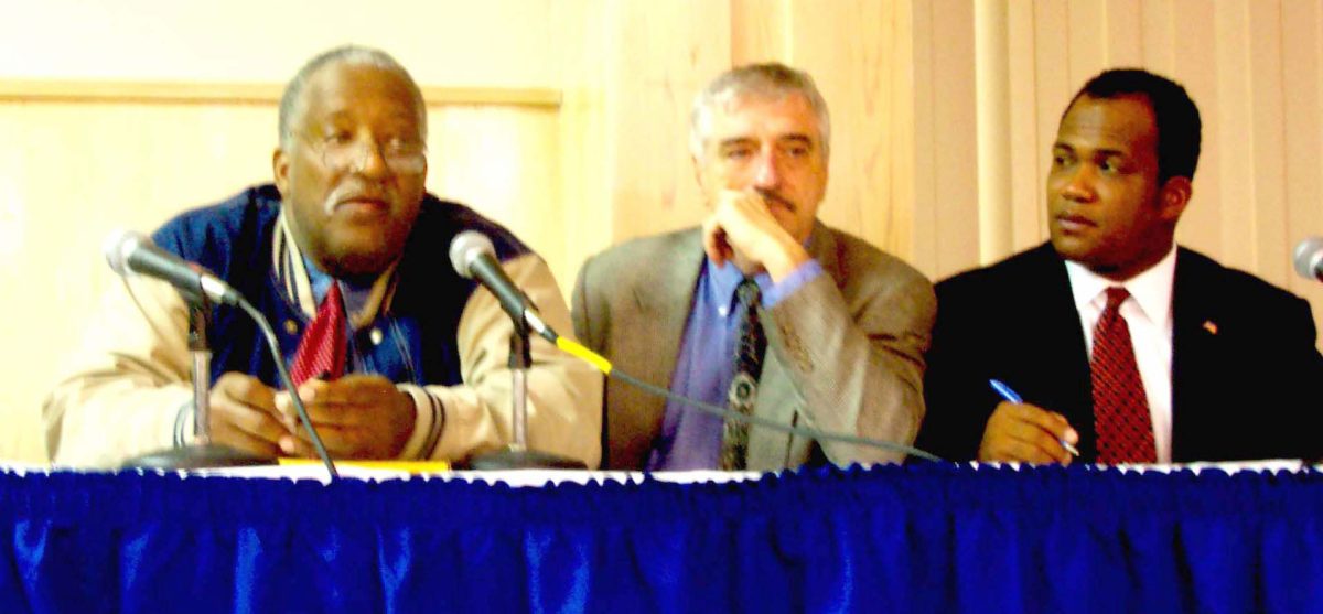FORUM PANEL Frank Ransburg, University historian and political science professor, Michael Fontenot, professor of history, and Malcolm Myers, aide to U.S. Senator John Breaux, were three of eight panelist in Monday's forum. - Photo by Gabrielle A. Maple/D