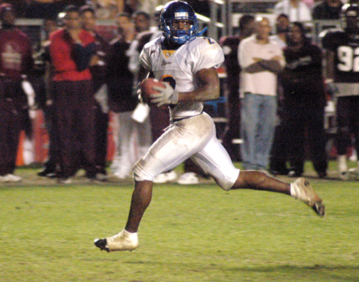 Jags' senior defensive back Lenny Williams looks back while on his way to returning Southern's game-winning touchdown. -- PHOTO BY RYAN P. KNIGHT / THE SOUTHERN DIGEST