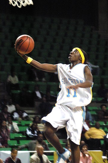 Sophomore guard Rolanda Monroe scores two of her game high 33 points on a breakaway lay-up in the first half of the Jaguars 84-76 win over Alabama A&amp;M. - PHOTO BY RYAN P. KNIGHT // SOUTHERN DIGEST