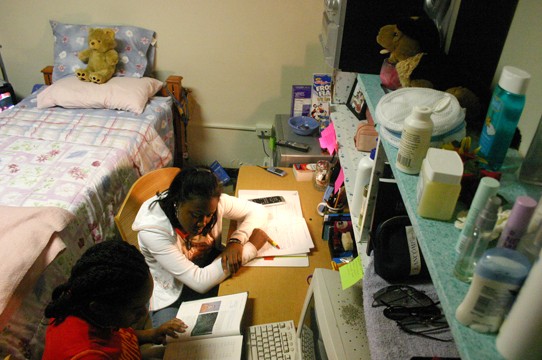 Sophomores Yvonne Griswald and Tacarra Earl enjoy their freshly furnished dorm room in Bethune Hall on the SUBR campus. Photo by Douglas Toussaint / DIGEST.