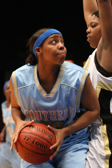 Forward Ashley Blake focuses on the basket while Alabama State's Latille Ross defends. Blake contributed seven points and grabbed 12 rebounds. Souuthern's championship game versus Alcorn State will be televised live on ESPNU and will be broadcasted live o