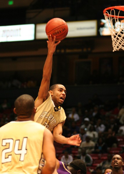 Alabama State's Dustin Richmond scores one of his 10 points against Prairie View as the Hornets advanced to the SWAC semifinals to face Southern University. PHOTO BY JOSH HALLEY
