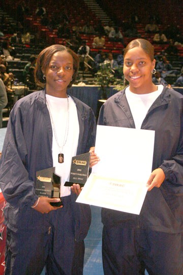 Junior Rolanda Monroe and Sophomore Ashley Blake earned All-SWAC honors Tuesday at the SWAC Awards reception at the BJCC Arena. Monroe was named the 2005 SWAC player of the year and garnered first team All-SWAC honors. Blake was named to the second team.