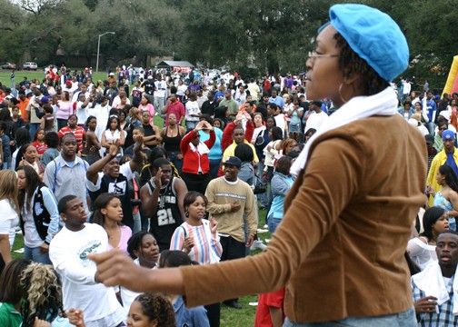 Southern and LSU students enjoy a mid-day concert at the 2005 Black Family Reunion held in front of the union on the LSU campus. The event was aimed at bringing African-American students from both schools together in a positive social environment. PHOTO