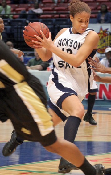 JSU sophomore guard Carena Easley moves toward the basket during their semifinals loss to Alabama State. (DOUGLAS W. TOUSSAINT, JR.)