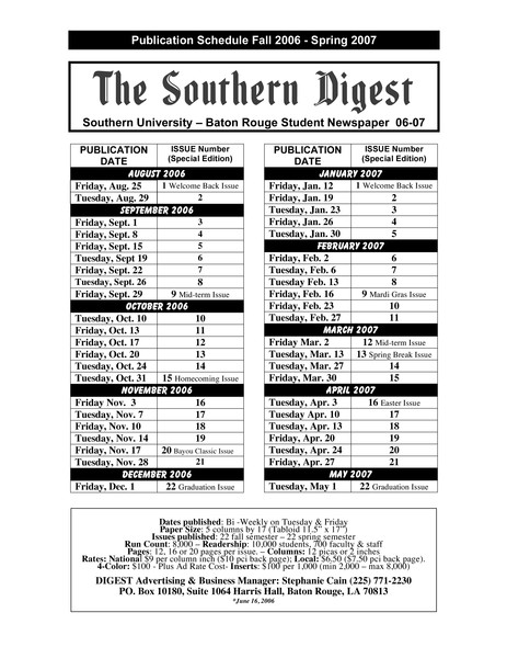 2006-07 DIGEST Publication Schedule - Click to view