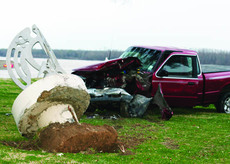 An unidentified, middle-aged woman crashes into the Louisiana State Seal statue, preventing her from plunging over the bank. The accident occurred Wednesday, Feb. 20, around 4 25 p.m.