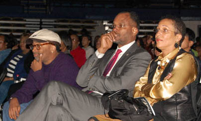 Chancellor Kofi Lomotey and his wife, Nahuja, sits with Spike Lee for a front-row view of the various performances provided as a small tribute from the Southern student body.