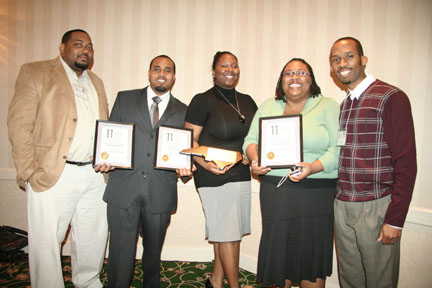 Southern DIGEST editor-in-chief Venicia Gray, center, copy editor Amber Perry, second from right and sports editor Larry Young, second from left, represented the student newspaper during the 11th Annual National HBCU Student News Media Conference. The trio was joined by student media interim director Christopher Jones, far right, and publications assistant Fredrick Batiste, far left.