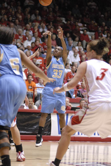 Southern guard Tiffany Foster shoots against New Mexico during the Jaguars 72-44 loss in the first round of the women's NIT Wednesday.