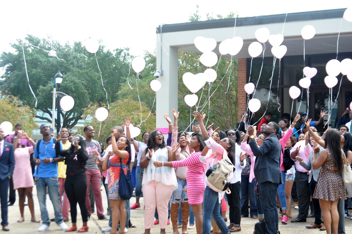 <p>Students particpated in balloon realease Wednesday at noon to celebrate breast cancer awareness month in front Smith-Brown Memorial Union.</p>