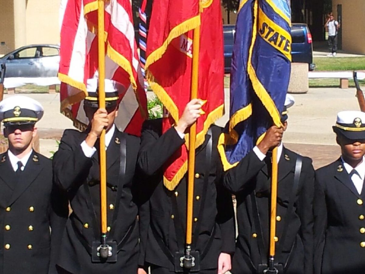 Members of the Southern University's Naval ROTC program present the colors of the American, Louisiana and the Marine Corps flags during the celebration of Veterans Day on November 11.