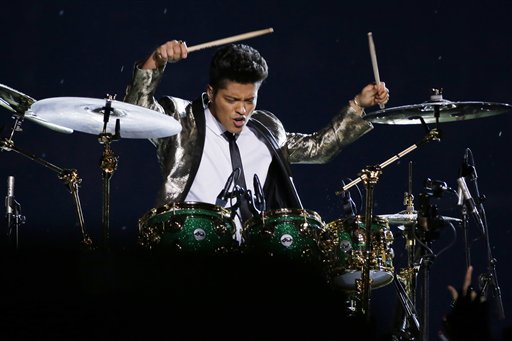 Bruno Mars performs during the halftime show of the NFL Super Bowl XLVIII football game Sunday, Feb. 2, 2014, in East Rutherford, N.J.