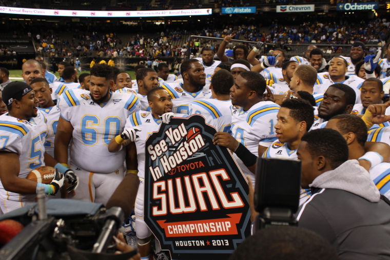 Southern players celebrate and pose for pictures after defeating rival Grambilng &#160;State in the 40th Annual Bayou Classic 40-17 evening the series 20-20. Southern Wide Receiver Lee Doss was named Most Valuable player after finishing with six catches 117 yards and three touchdowns.&#160;