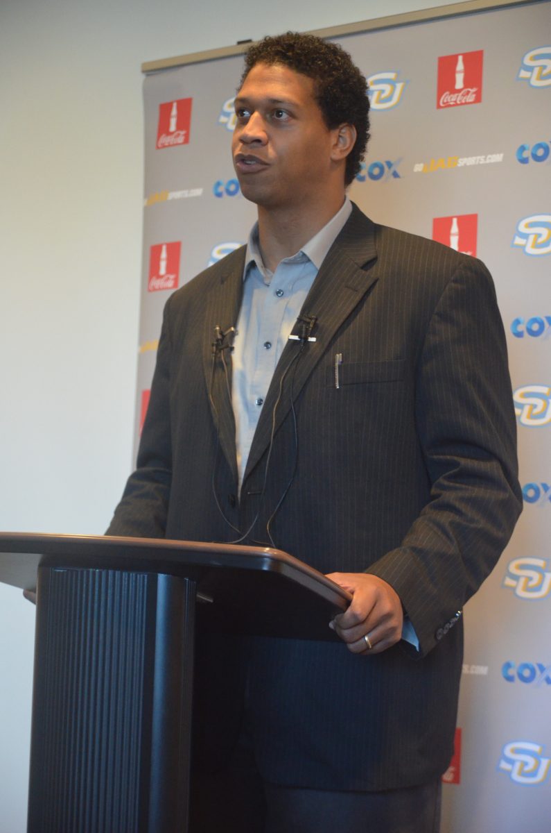 Southern University's &#160;Director of Athletics William Brossard speaks to the media at a morning presser.