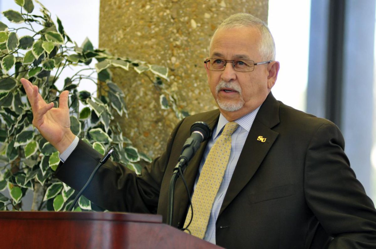 Chancellor James Llorens speaks to the students in Smith-Brown Student Union.