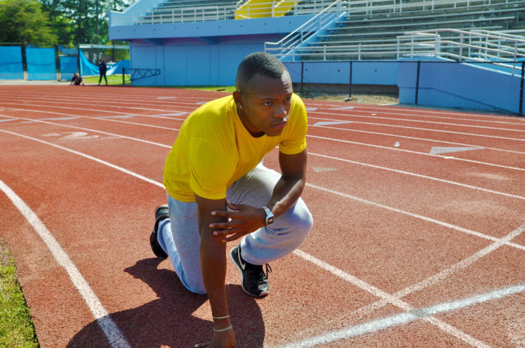 SU Sophmore Devin Jenkins readies for his practice run at Roscoe J Moore track. Jenkins ran the fastest seed time&#160;at the Texas Southern relays in Houston,TX