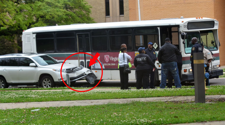 A Capital Area Transit System bus struck the side of a white Highlander in front of John B. Cade Library. While the front bumper was completely torn off, no one was injured in the accident.