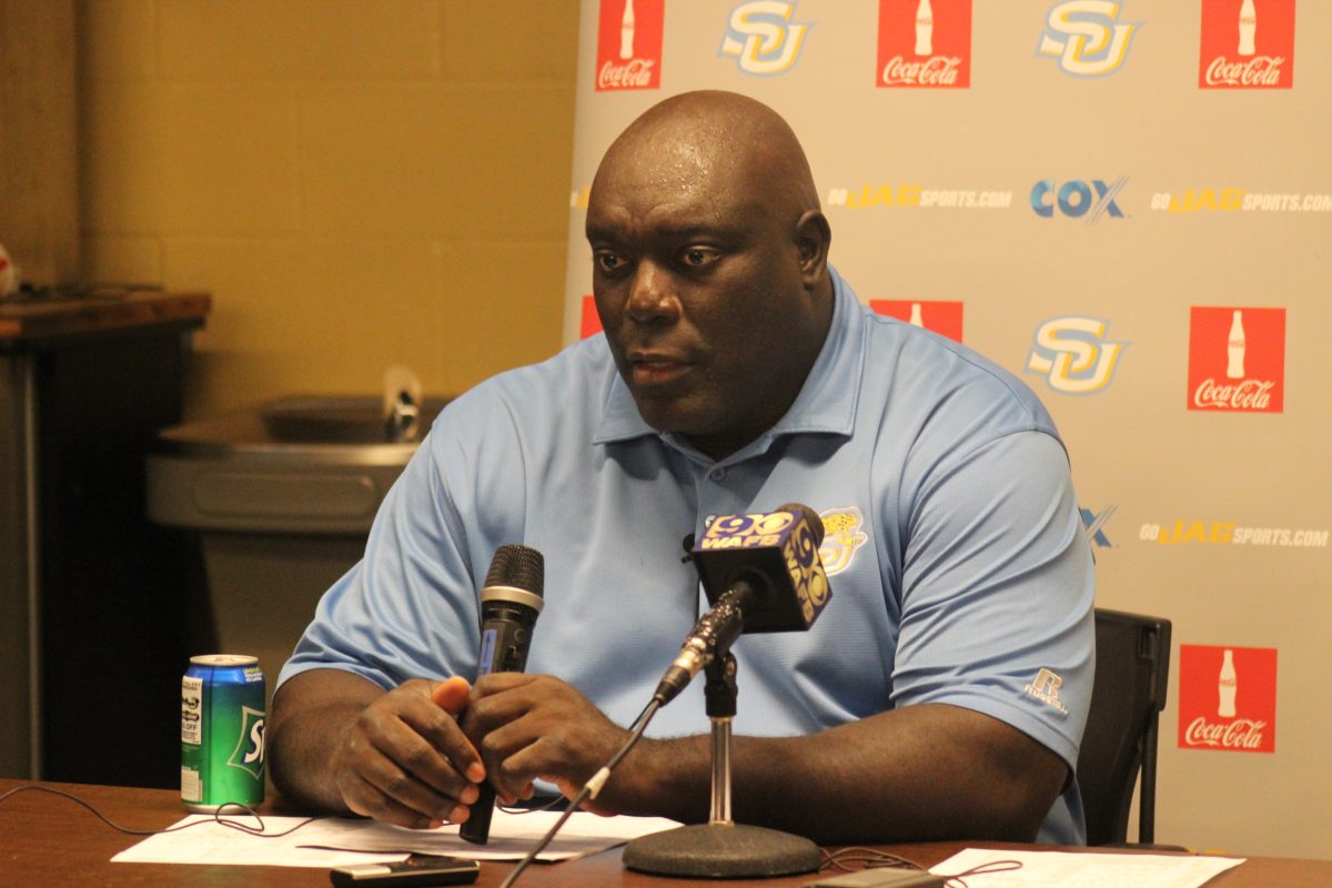 SU coach Dawson Odums speaks to the media during the post game presser. Odums expressed his view of the dual quarterback system.&#160;&#160;