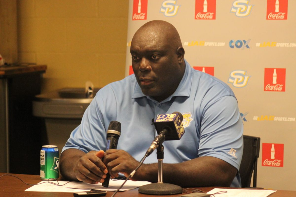 SU coach Dawson Odums speaks to the media during the post game presser. Odums expressed his view of the dual quarterback system.&#160;
&#160;