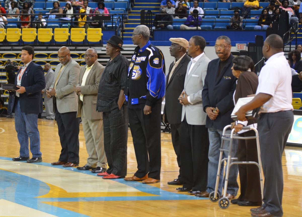 Southern University salutes the 1977-78 SWAC Champion Men&#8217;s basketball team during halftime of the Southern University vs. Grambling Men&#8217;s basketball game on February 7 in F.G. Clark Activity Center.