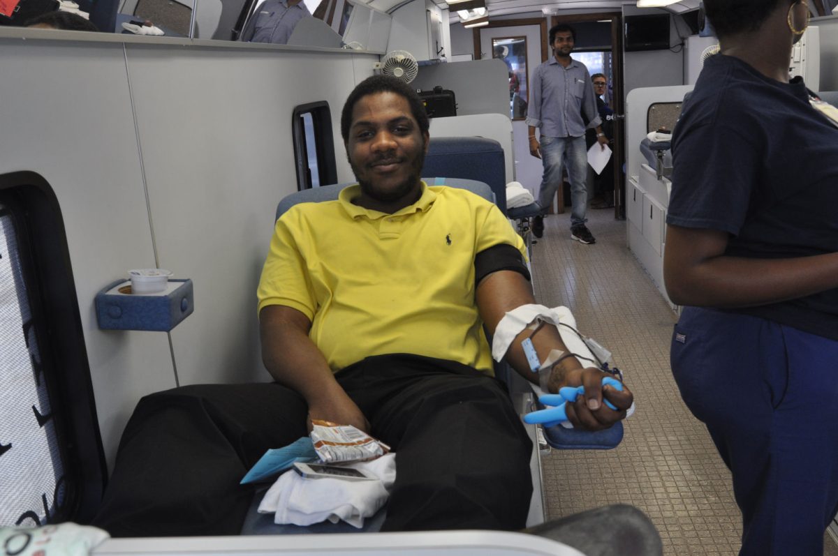 Gerian Lane, Sophmore Music Major from New Orleans, relaxes as he prepares to have his blood drawn.