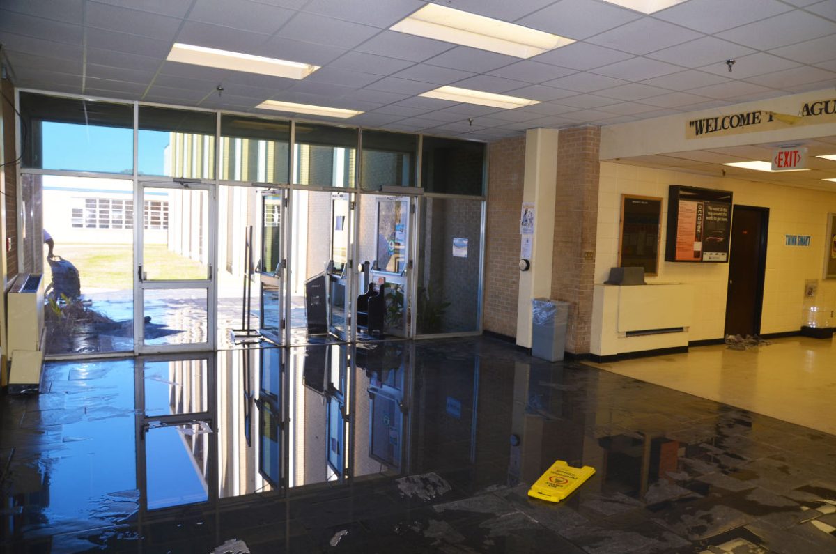 Water soaks the first floor of Stewart Hall. A clogged sewage pipe is the reported cause. According to staff, piping issues been a problem for weeks. Ceiling tiles have gave way and about an inch of water is covering the floors and room 104 has been completely flooded.