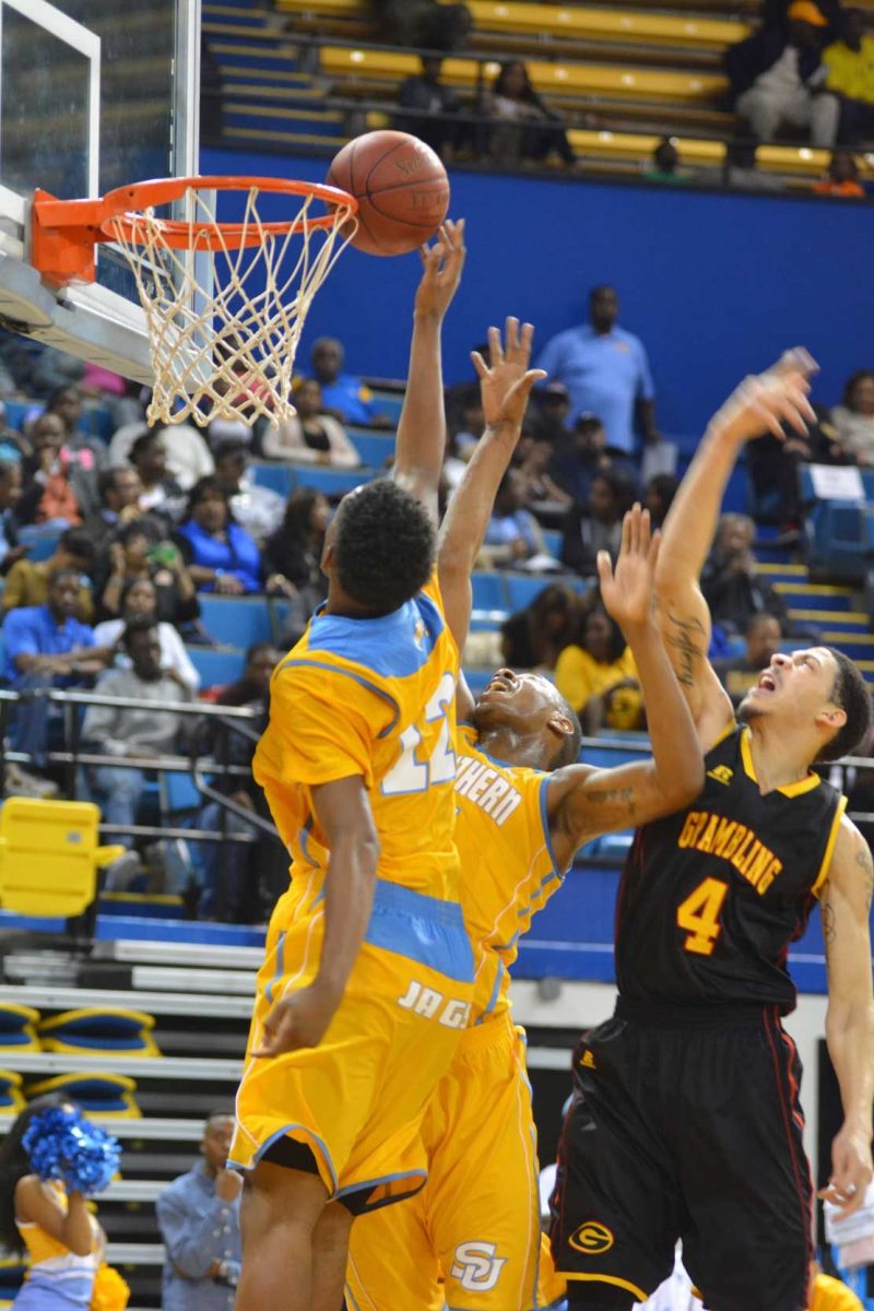 Southern University&#237;s Jarrad Sam tips the ball in during the fourth quarter of their game versus Grambling State. on Saturday February 7 in F.G. Clark Activity Center.