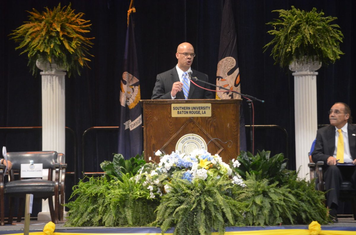 Southern University Alumni Federation Preston Castile Jr. delivers the keynote address at the founders day convocation service held March 9, in Felton G Clark Activity Center.&#160;