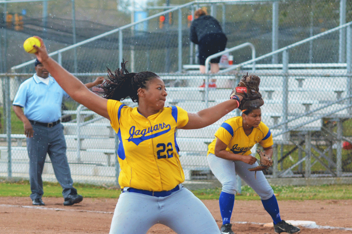 JUNIOR PITCHER Delphia Holems winds up for pith during the lady jaguars matchup against Holy Cross on Wednsday, March 4.