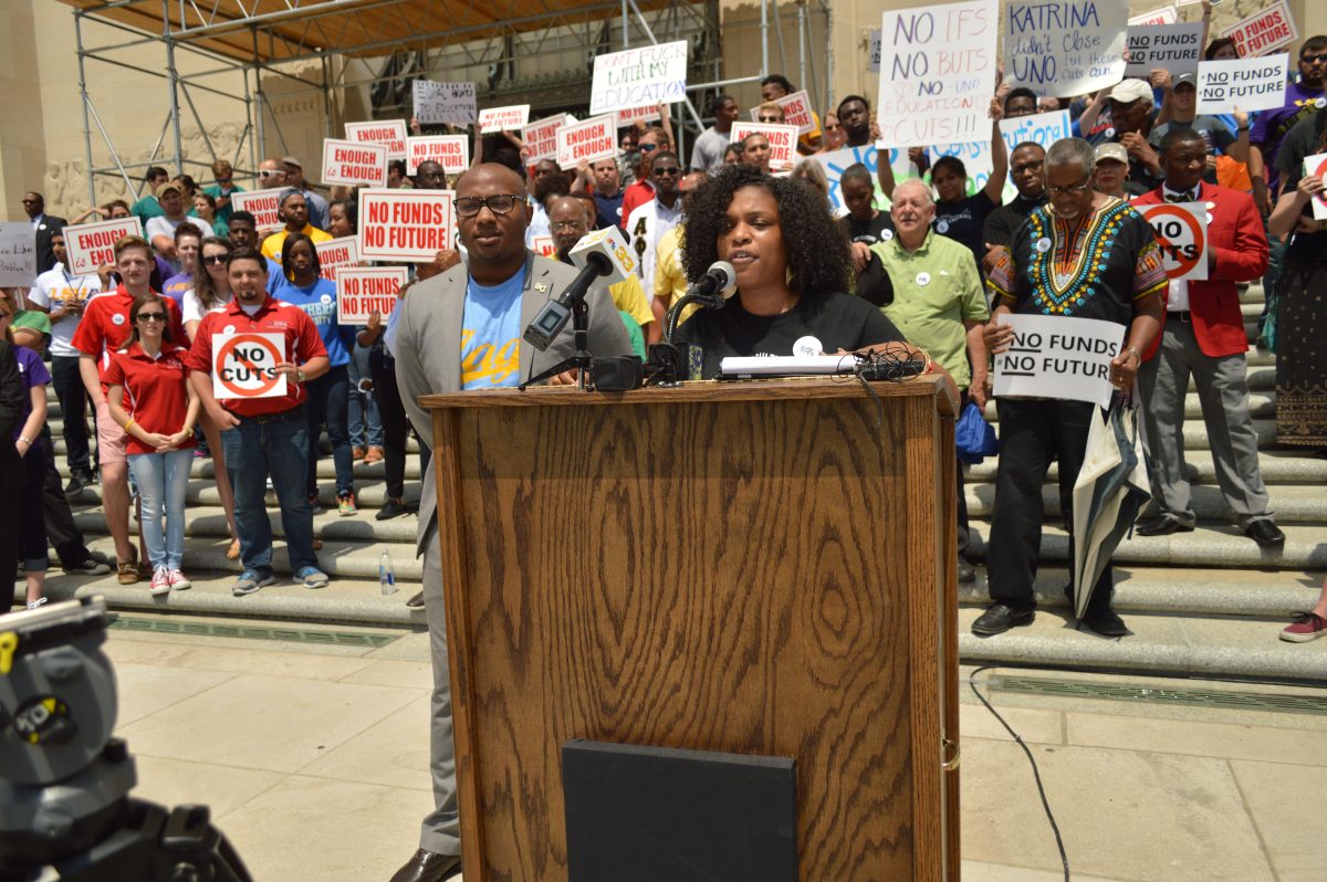 Southern University SGA President Nicholas Harris and SUNO SGA President Dylen Johnson speak out against higher education budget cuts in Louisiana during the Statewide Higher Education Demonstration at the Lousiana State Capitol, April 18.