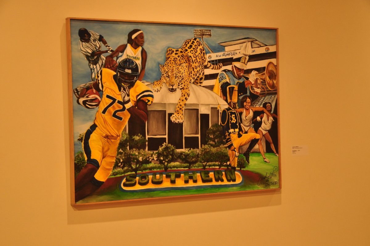 Creative artwork depicting the most well known aspects of Southern University.