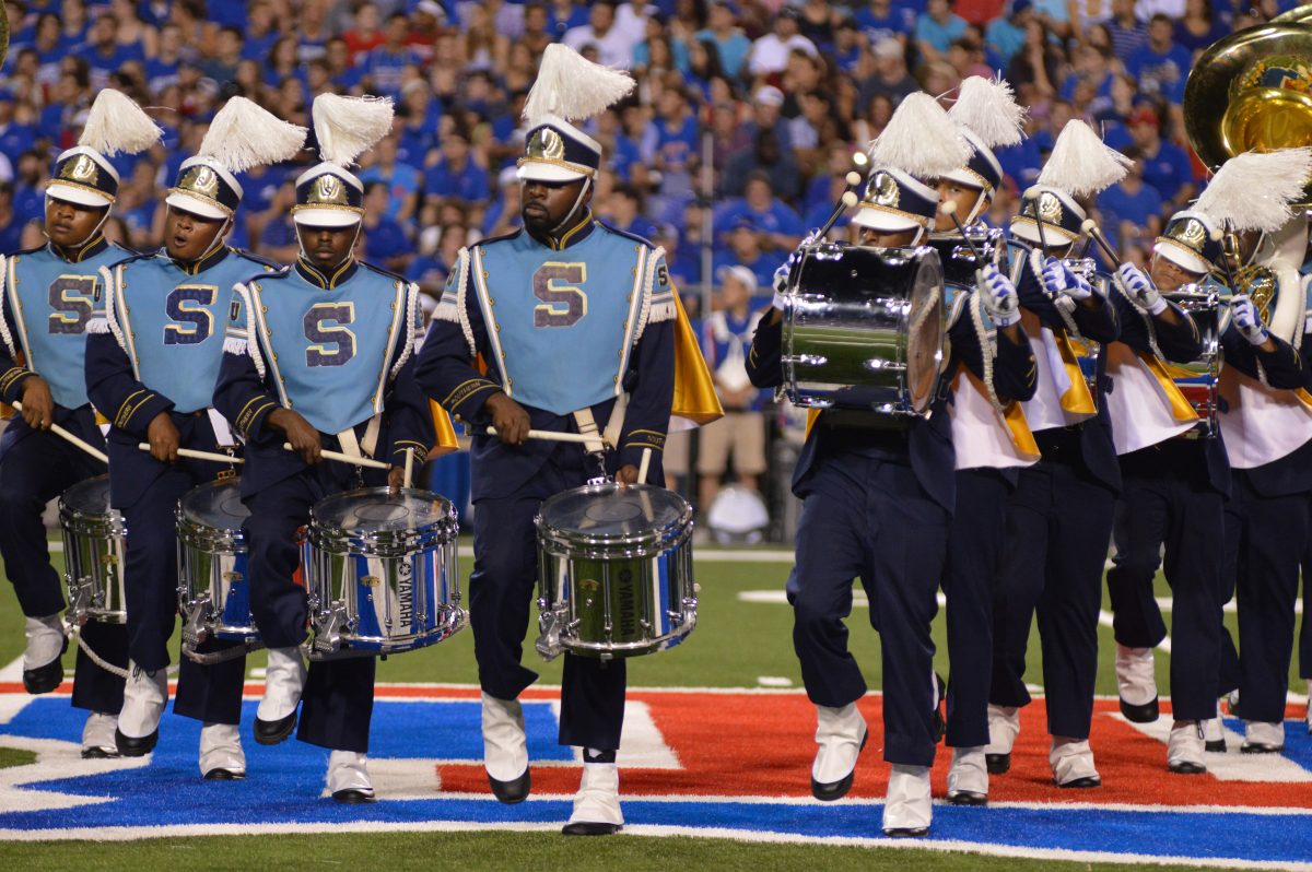 The Human Jukebox percussionists aka "The Funk Factory" perform precision drills during halftime in Ruston, Louisiana Sept 5th.