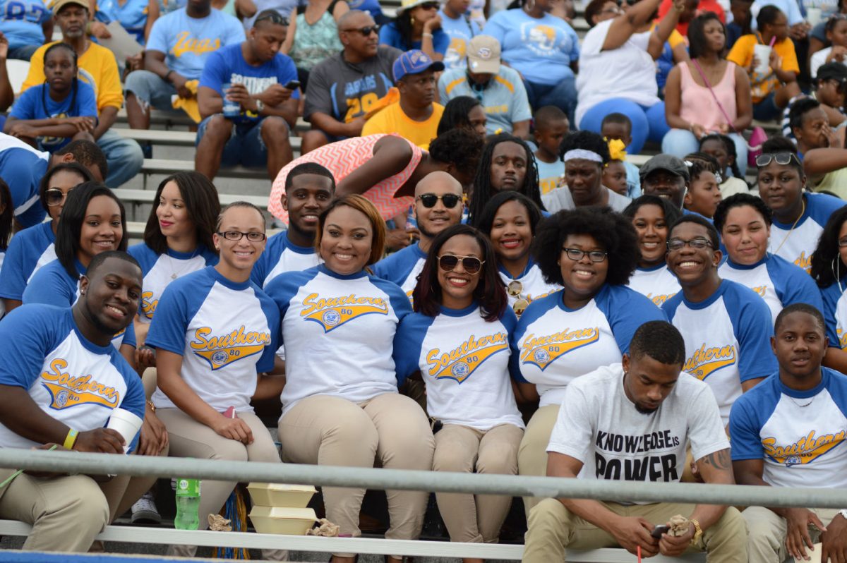 Southern University Student Government Association pose as they anxiously wait for the first football game of the season to start. Jagurs took on Louisiana Tech Bulldogs sept 5 in Ruston, Louisiana.