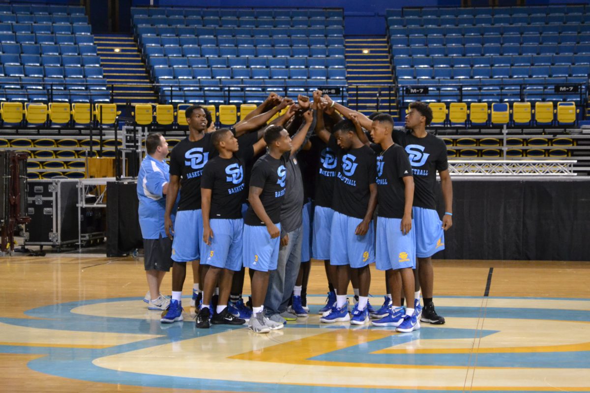 <p>Southern University Boys Basketball team joined together as they participanted in the Jaguar Pandemonium Oct. 11 in the Mini Dome</p>