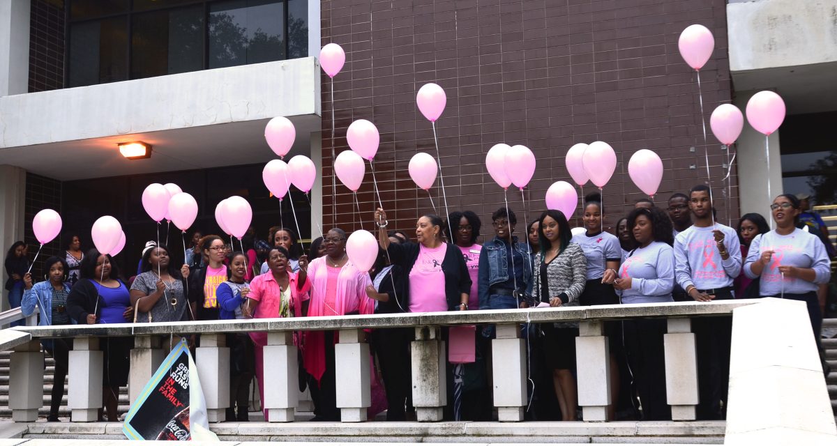 The sponsors and attendees launching the ballons in support of Breast Cancer Awarness month after the Pink with a Purpose seminar held outside of T.T. Allian Hall, on Tuesday, October 27.