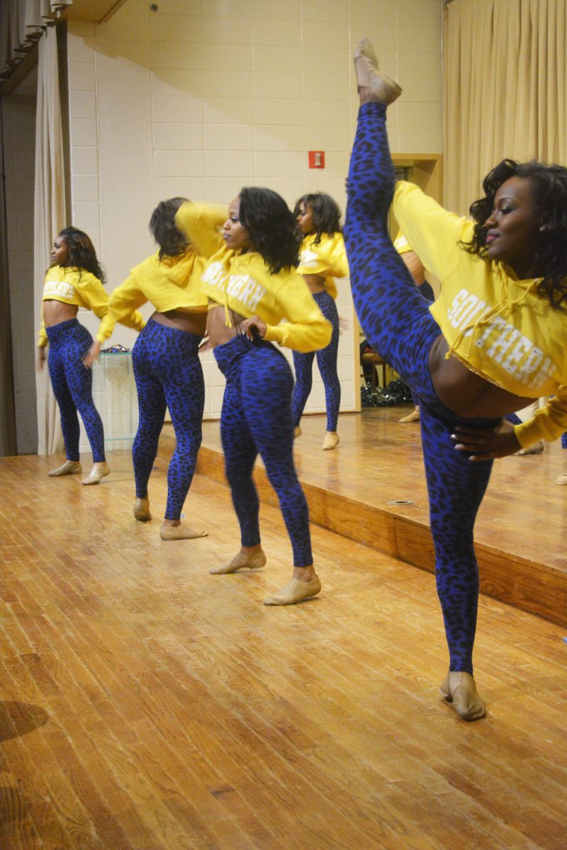 Gold N' Blues dance team shows off their dance routine at the Annual Bayou Classic Pep Rally held in the Smith-Brown Memorial Union on Monday November 23.