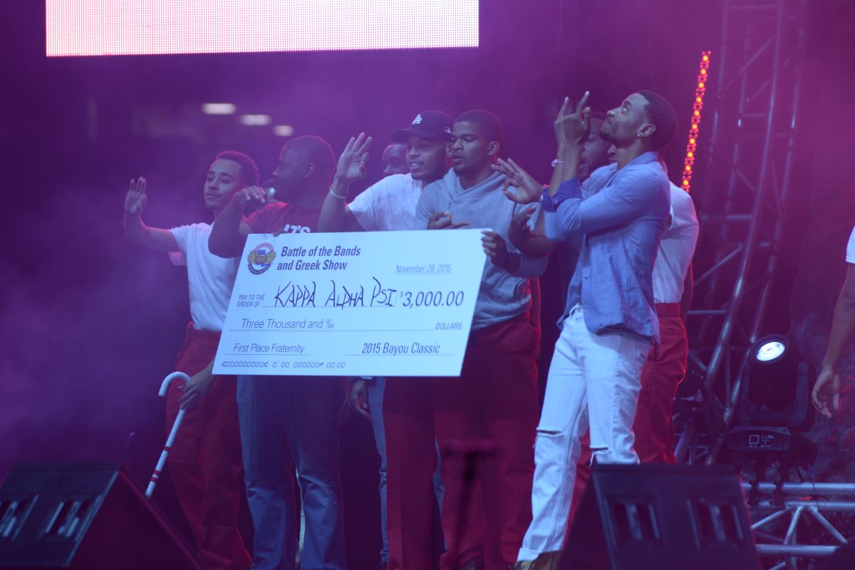 Members of the Alpha Sigma Chapter of Kappa Alpha Psi Fraternity, Incorporated from Southern University take home the first place prize during the &#8220;Bayou Classic Greek Show&#8221; held on November 27.