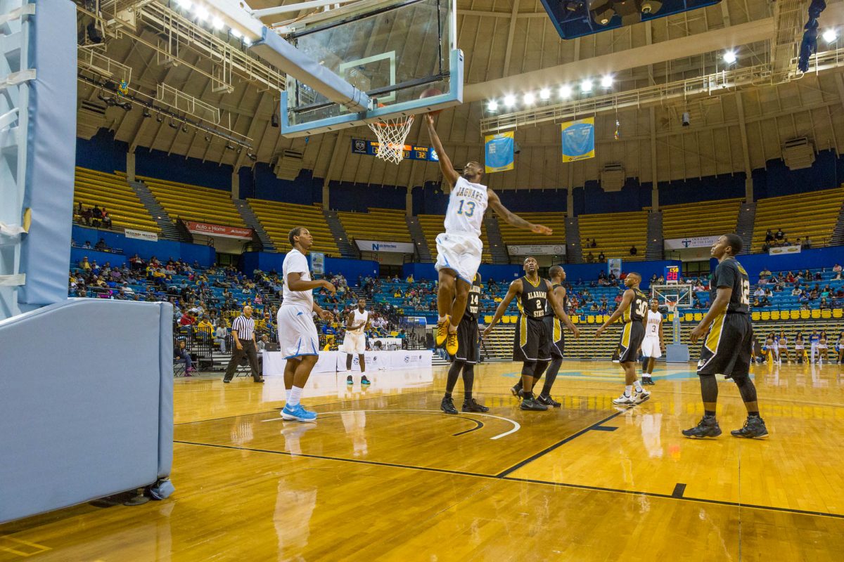 Sophomore forward Jared Sam releases a free throw during the Jaguars matchup versus Alabama State on Saturday, January 23 in F.G. Clark Activity Center.