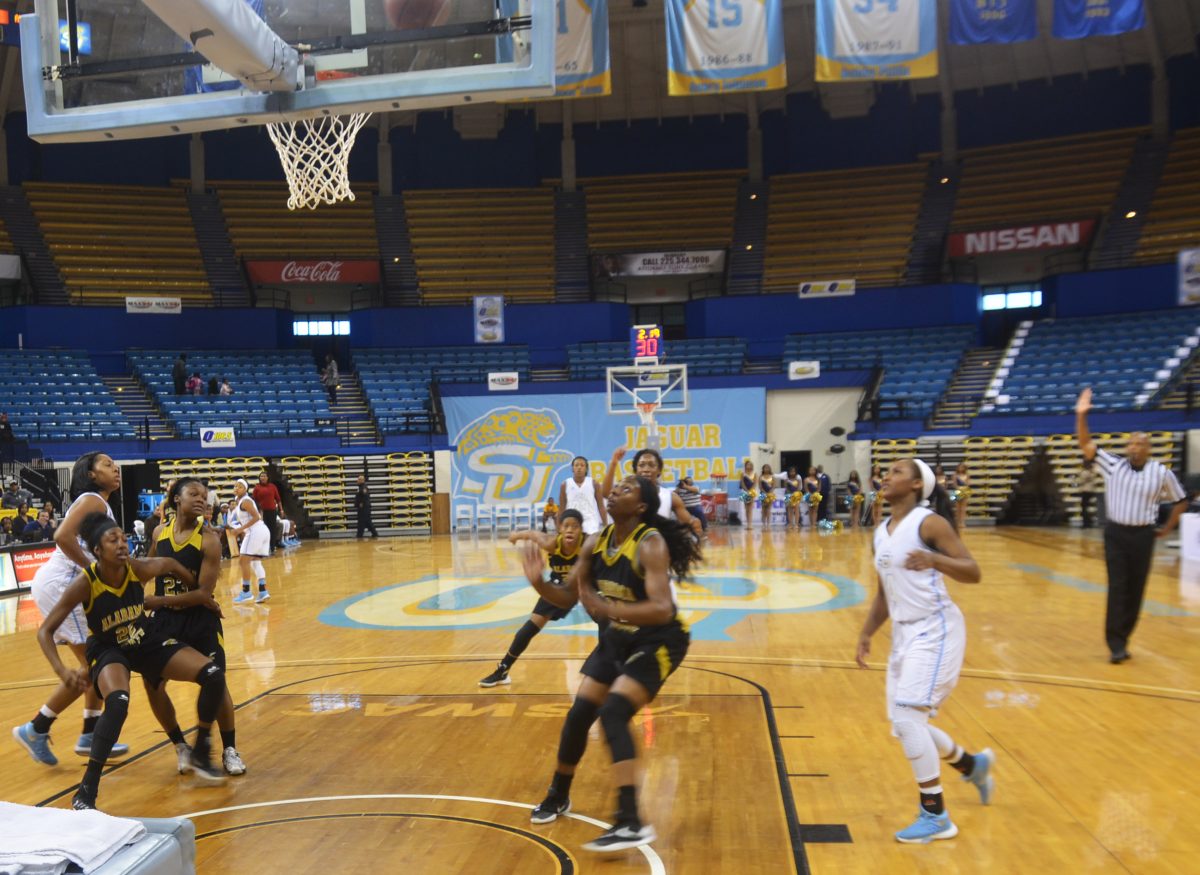 Freshman Guard Skylar O&#8217;Bear battles for a rebound over Alabama State defenders during Saturday&#8217;s match up at F.G Clark Activity Center.&#160;