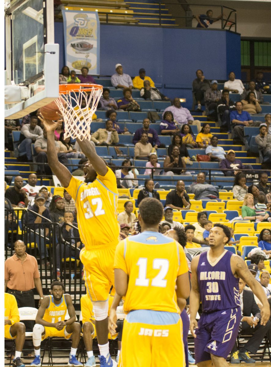 Junior D'Adrian Allen goes up to finish the lay up at F.G Clark Activity Center Saturday evening against Alcorn State Braves.