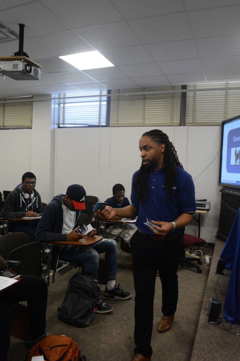 Speaker Justin Thymes from Lockheed Martin Corporation speaks to Southern University students about building your brand withing T.T. Allain on March 2, 2016.