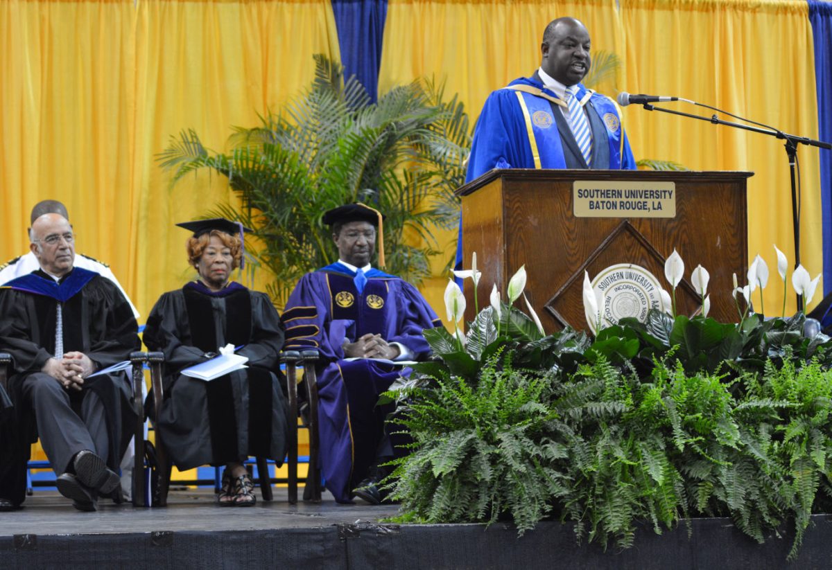 Executive Vice President for Academic Affairs and Provost of Southern University, Dr. M. Christopher Brown, II as he delievers a speech to an audience of students, faculty and family members at the annual academic honors day awards program on Friday April 16 in Seymour Gym.