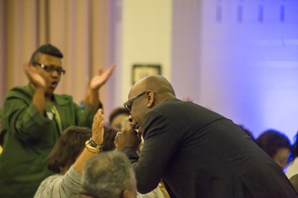 SU Alumnus, Bishop Joseph W. Walker III, delivers a motivational sermon during the &#8220;Reset your life tour&#8221; held in the Royal Cotilion Ballroom on March 31. &#160;