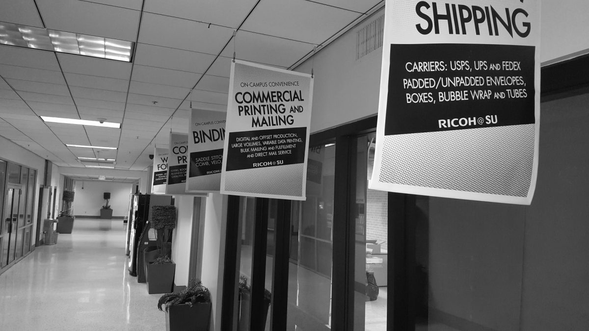 RICOH promotional banners in the Smith-Brown Memorial Union. RICOH is scheduled to open mid-september.