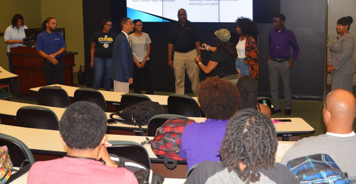 Students , with the help of representatives from IBM, ExxonMobil, Lockheed Martin, and SASOL, learn how to give an elevator pitch correctly during Career Bootcamp 101 on Tuesday, September 20 ,in the Pinchback Engineering Building- HIgh Tech Room.