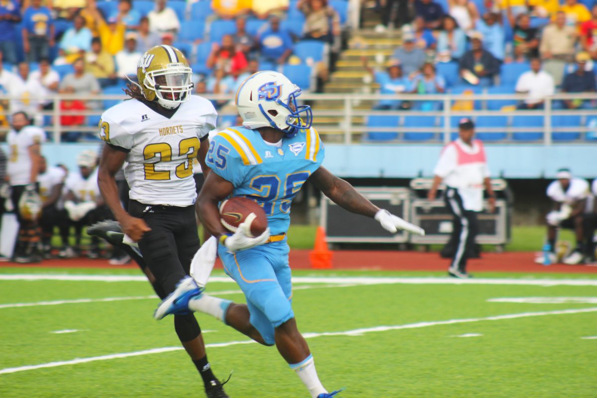 Kalya Foster/DIGESTSenior wide receiver Willie Quinn zips past Alabama State&#8217;s Ronnie Scott and reaches the endzone during the Jaguars home opener on Saturday, September 17 in A.W. Mumford Stadium.&#160;